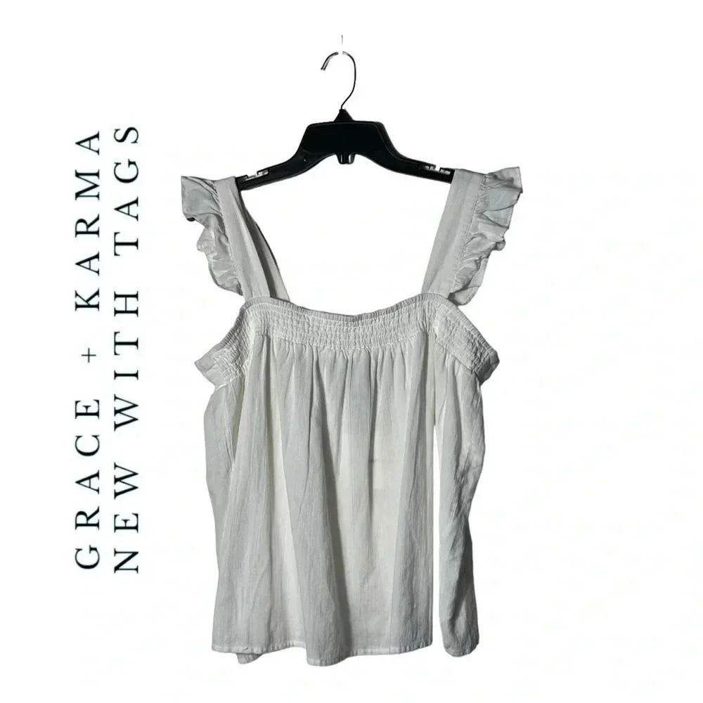 1864. GRACE + KARMA RUFFLE SMOCKED‎ TOP WHITE IN COLOR SIZE LARGE COTTON/LINEN